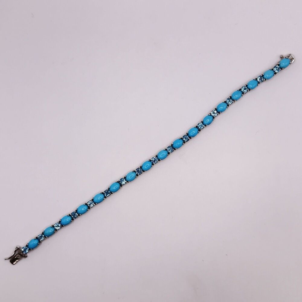 925 Sterling Silver Blue Topaz Bracelet 7.5” Vintage Gemstone 14.3g